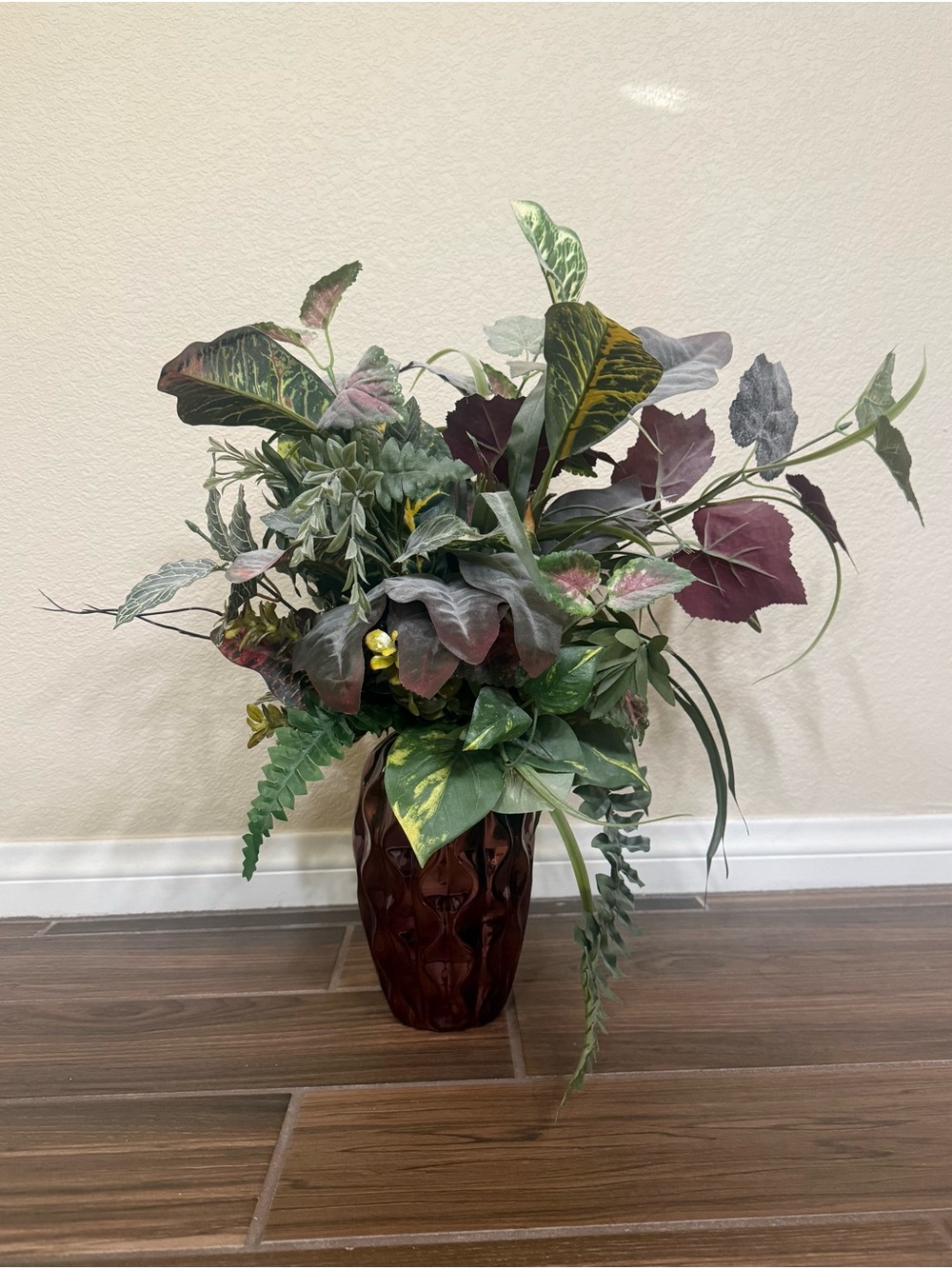 Faux Mixed Foliage Arrangement in Dark Brown Vase - Green & Burgundy